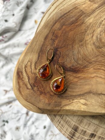 Kolczyki srebrne pozłacane z bursztynem Art Deco