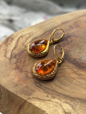 Kolczyki srebrne pozłacane z bursztynem Art Deco