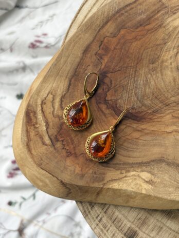 Kolczyki srebrne pozłacane z bursztynem Art Deco